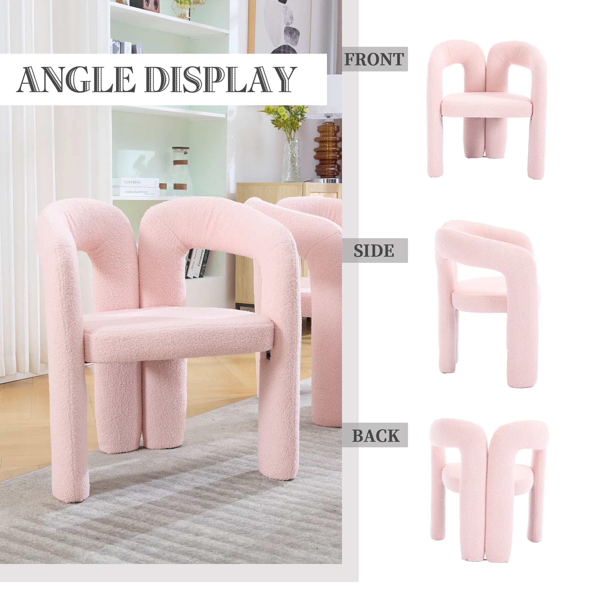 MOONMISS Teddy Fabric Upholstered Wood Frame Contemporary Designed Dining Side Chair（set of 2）-Pink