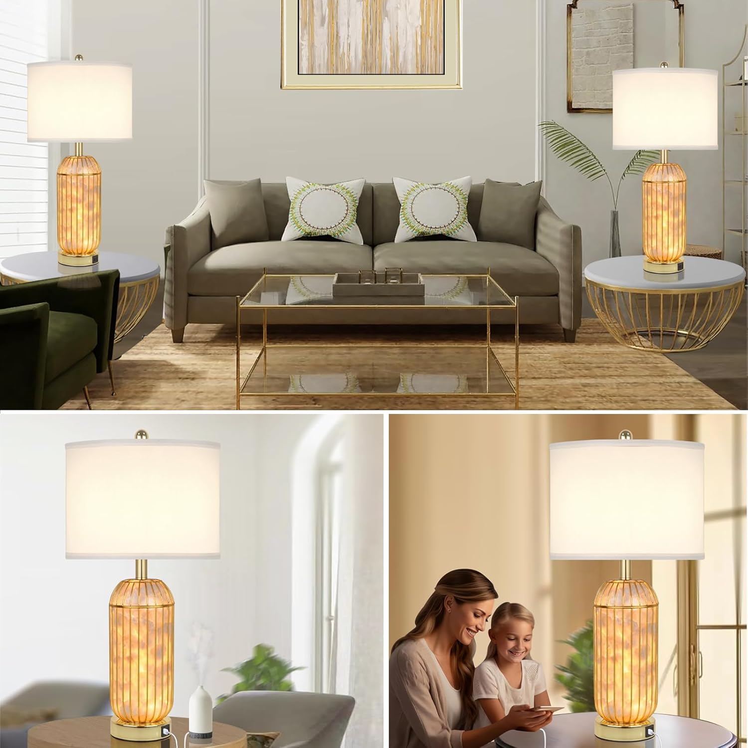 Nordic Hygge Gold Table Lamps Set of 2, Capiz Shell