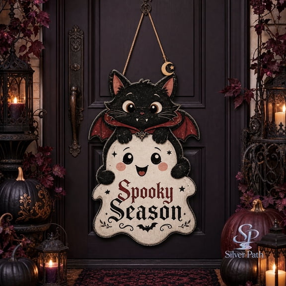 Door Hanger Vintage Black Cat Ghost Halloween Wooden Front Door Decor for Spooky Season