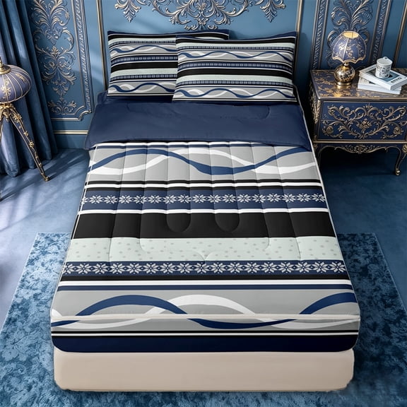 jejeloiu Nautical Striped Zipper Twin Comforter Sets with Fitted Sheet and 2 Pillowcases,Wave Print Zipper Bedding Set For Boys,Blue Gray,Navy Blue Reversible,4 Pieces