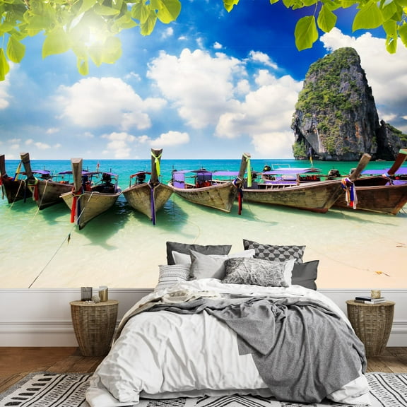 wall26 - Long Tail Boat on Tropical Beach with Limestone Rock, Krabi, Thailand - Removable Wall Mural | Self-Adhesive Large Wallpaper - 66x96 inches