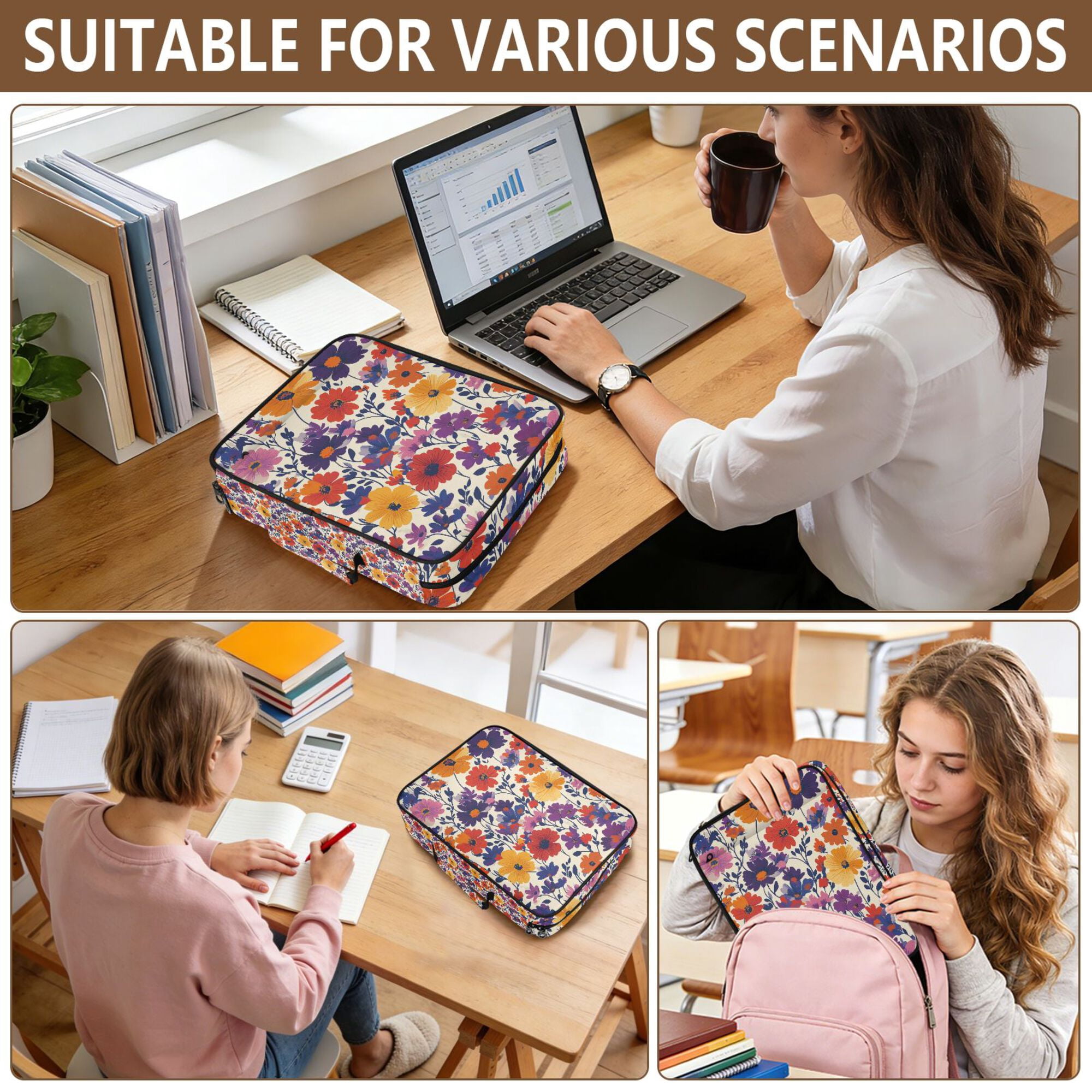 FORMRS Accordion File Folder A4 Size 7-Pocket Expanding Document Organizer Bag with 3 Ring Binder, Colorful Flowers Pattern