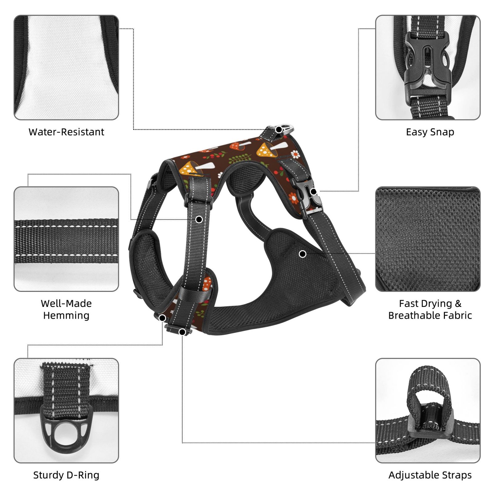 Naloa Woodland Mushroom Pet Harness Vest with Traction Rope, Adjustable No-Choke Dog Vest for Outdoor, Walking - X-Large