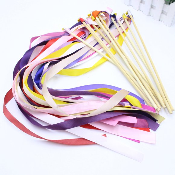 Lubelski 2 Pcs Wedding Satin Ribbon Sticks Colorful Mixed Colors Reusable Wood Stick Willowy Wedding Decoration Lightweight Wedding Wands with Bell Party Favors