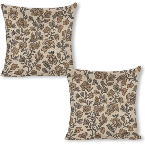 Beige and Brown Floral Pattern Pillow Covers 18x18 Set of 2, Throw Pillow Covers Linen Cushion Case for Couch Sofa Home Farmhouse Home Decor Outdoor Decorative