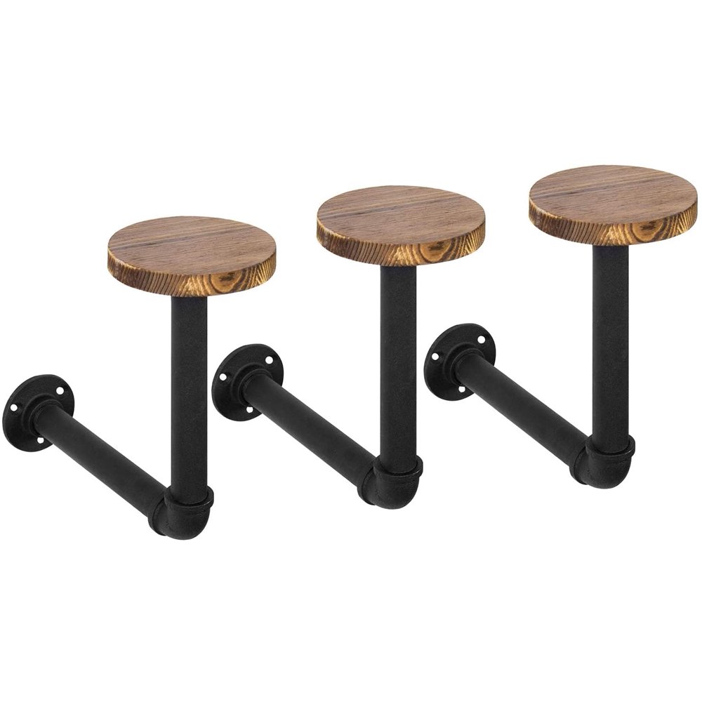 MyGift Set of 3 Black Metal Pipe and Rustic Brown Wood Wall Mounted Hat