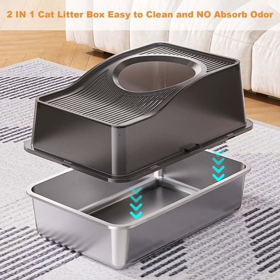 Top Entry Cat Litter Box, Enclosed Stainless Steel Cat Toilet with Deep Base, Easy Clean Litter Pan for Multi-Cat Homes, Gray, 23.6" x 15.7" x 15.5"