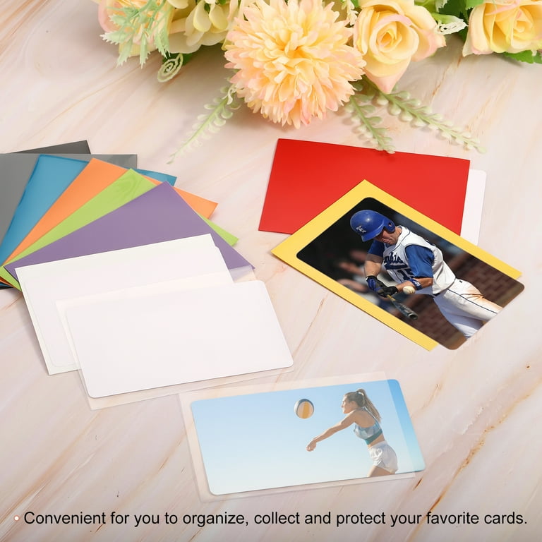 plastic sleeves for cards greeting cards 200 Card Hard Plastic, 3"x 4" Trading Card Holder, Sports Protectors Top Baseball Game Sports Cases (100 Hard Sleeve + 100 Soft Sleeves) : Toys & Games Adhesive strip is on the bag Clear Card Sleeves by Recollections,