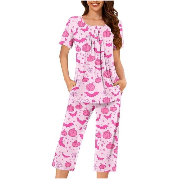 Women Two Piece Pajama Set Short Sleeve Halloween Pumpkin Ghost Bat Print Night Comfort Pajama Cute Two Piece Sleepwear Henly Tops and Pants Loungewear