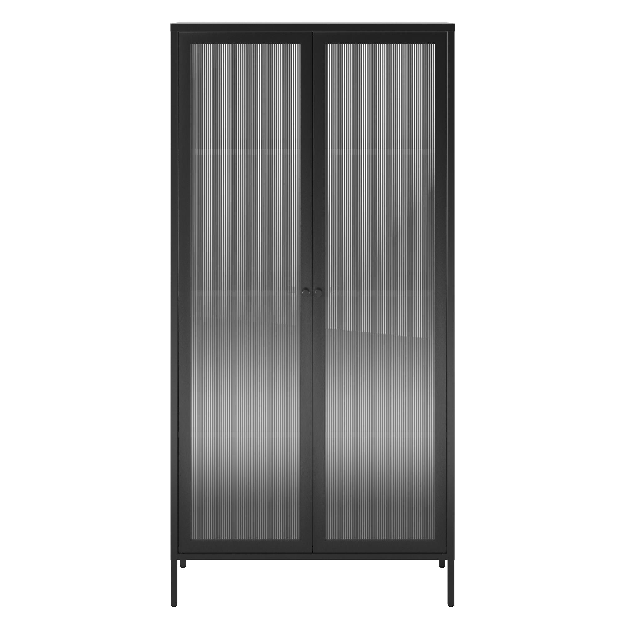 RealRooms Shadwick 2 Door Tall Metal Locker Style Storage Glass Doors, Black