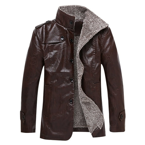 DeHolifer Men's Outwear Jacket Stand Collar Long Sleeve Solid Color PU Button Jacket Winter Coat for Men Coffee S