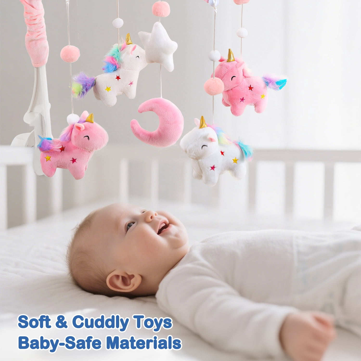 Unicorn Baby Crib Mobile for Girls with Music Box (100+ Lullabies), Rotating Plush Crib Toys for Newborns, Infant, Baby Shower Gift