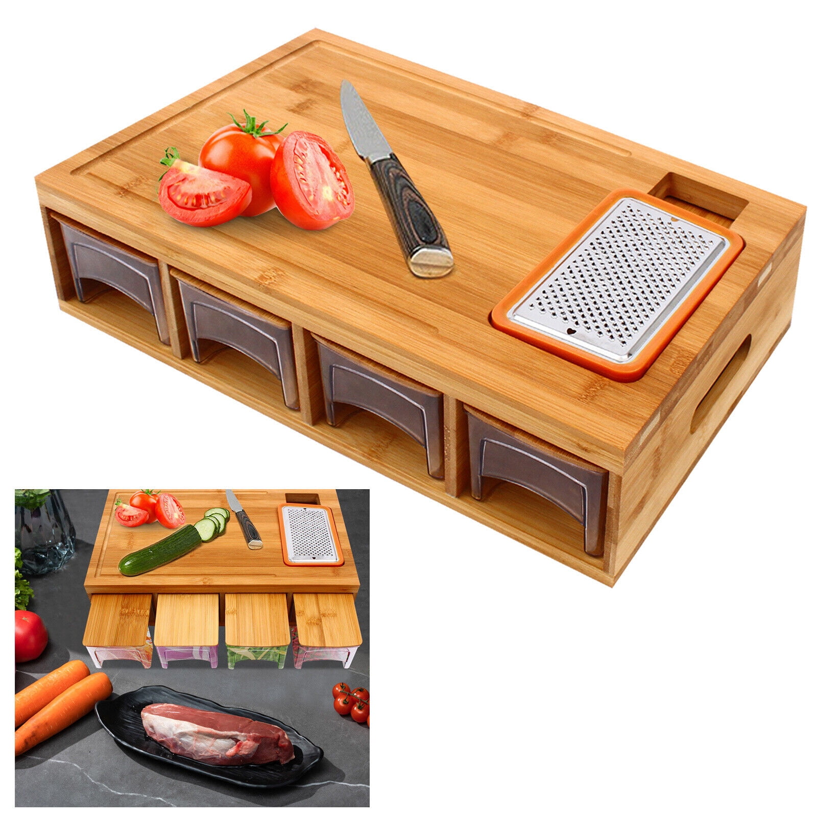 Bamboo Cutting Board with Containers Chopping Carving Storage Board
