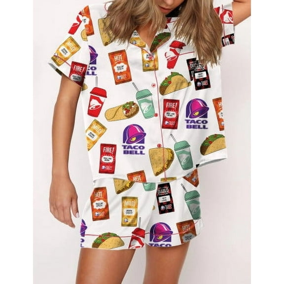 SheShow Fast Food Print Silky Casual Short Sleeve Pajama Set for Women, White, XXXL