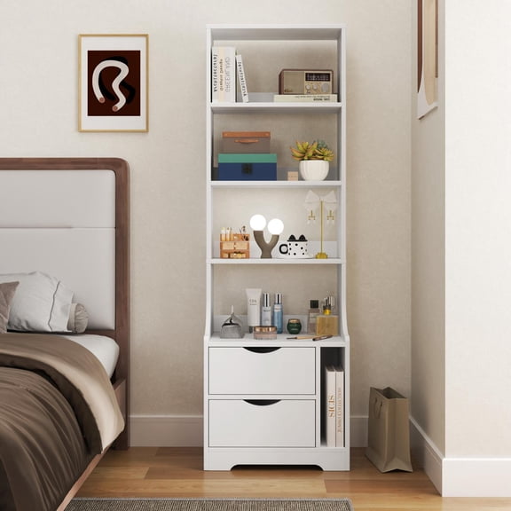 Nightstand, with Integrated Bookshelf and 2 Storage Drawers, Vertical Space-Saving Design for Bedroom and Study, 18.7x13.39x58.11 Inch White