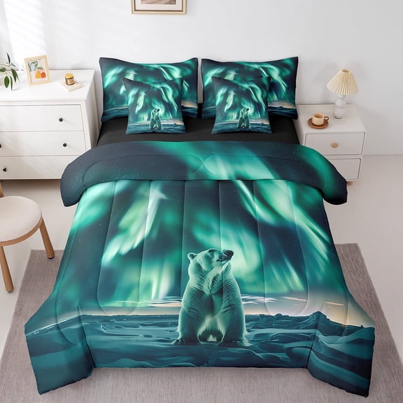Polar Bear Bedding Set Queen Size,Gradient Green Aurora Comforter Set Teens,Safari Animal Bed in a Bag(Comforter,Sheets,Pillowcases & Cushion Covers)7 Pieces Bed Set