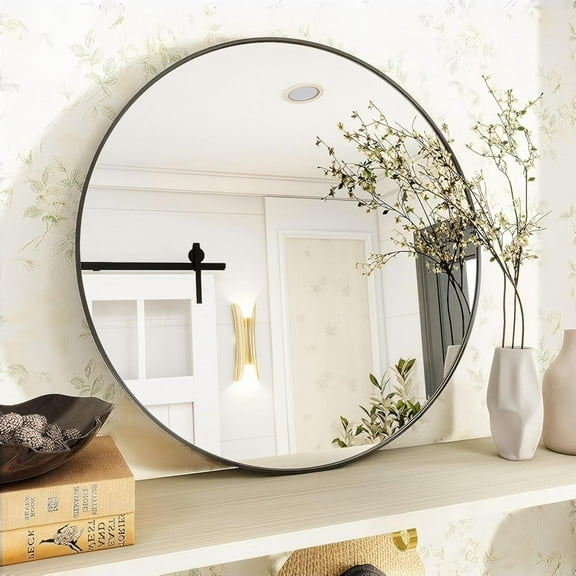 Lumora 24" Round Bathroom Mirror Modern Circle Mirror Hanging or Wall Mounted, Black