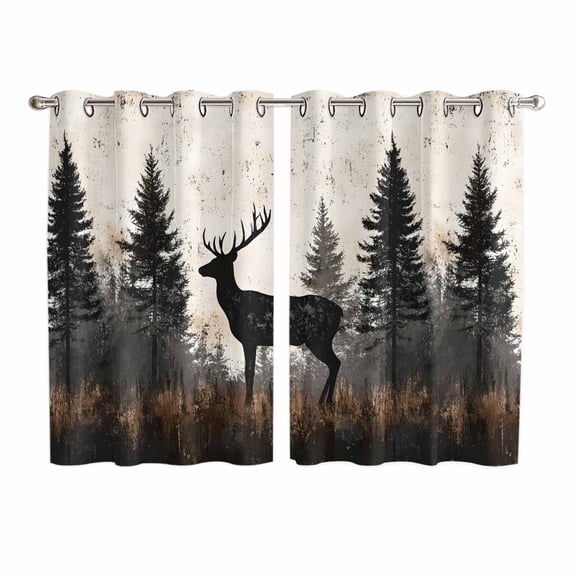 Forest Elk Kitchen Curtains 63 Inch Length, Rustic Nature Tree Retro Deer Silhouette Grommet Top Bedroom Living Room Curtains, Light Filtering Cafe Curtain Drapes 2 Panels Set 104''x63''