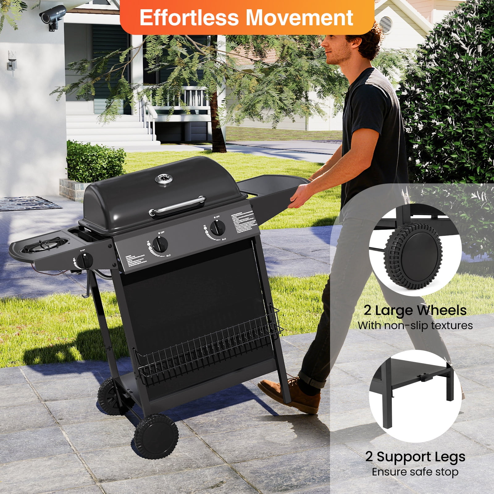 Gymax 39000 BTU Outdoor Cooking Grill w/ Storage Shelves & Porcelain-Enameled Grates