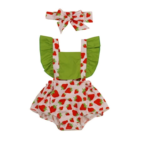 

Faithtur Newborn Infant Baby Girls Jumpsuit Outfits Fruit Printed Fly Sleeve Square Collar Romper +Bowknot Headband 2Pcs Set 0-18M