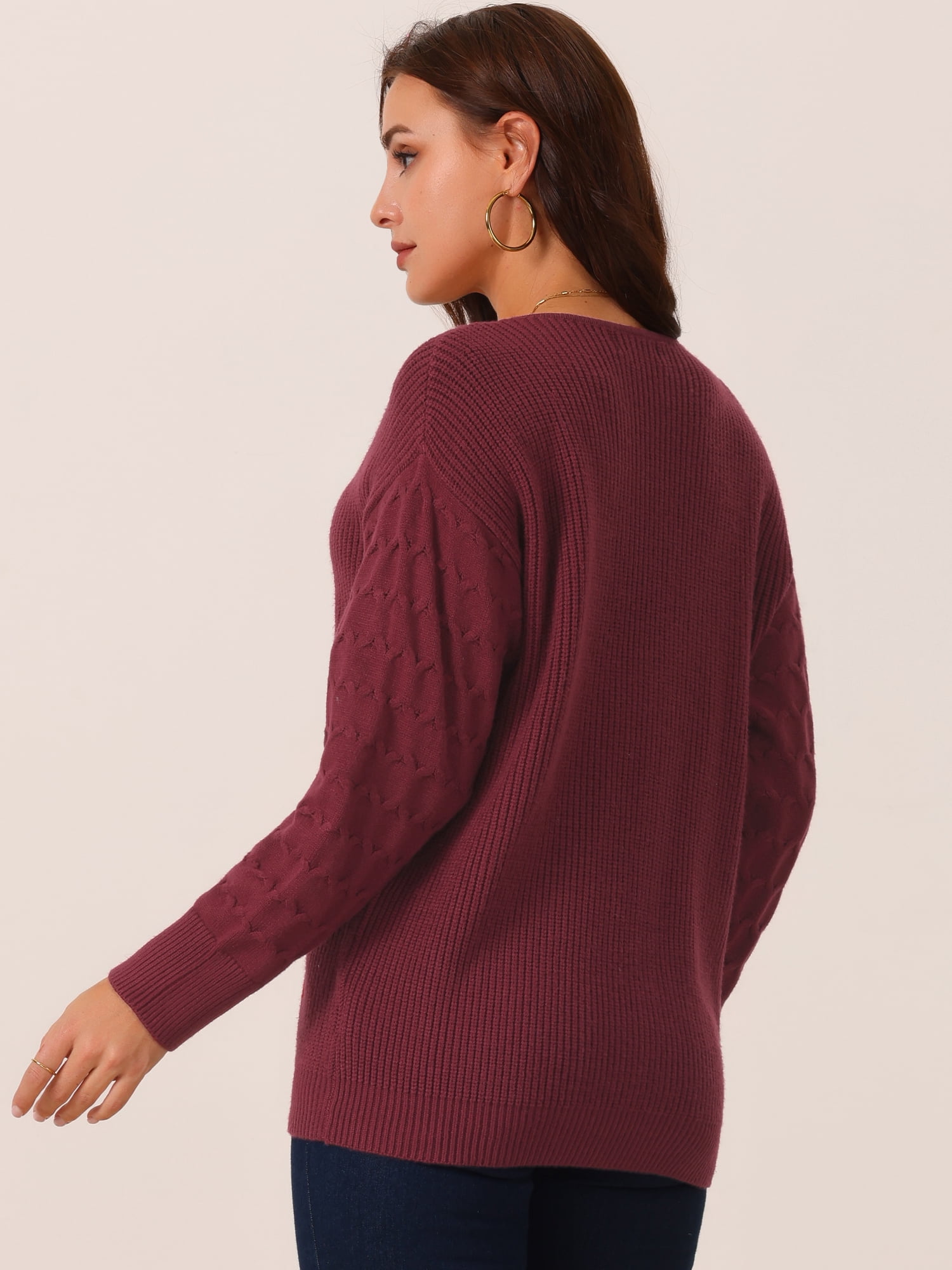 DARING DIVA Long Sleeve Lace V Neck Pullover Sweater Jumper Top S Wine Red