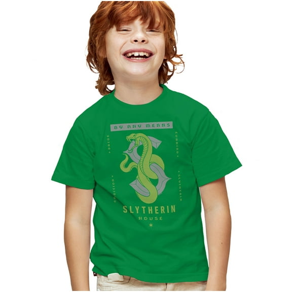 Harry Potter Slytherin By Any Means Kids T Shirt for Youth Boys and Girls, Kelly Green, Large