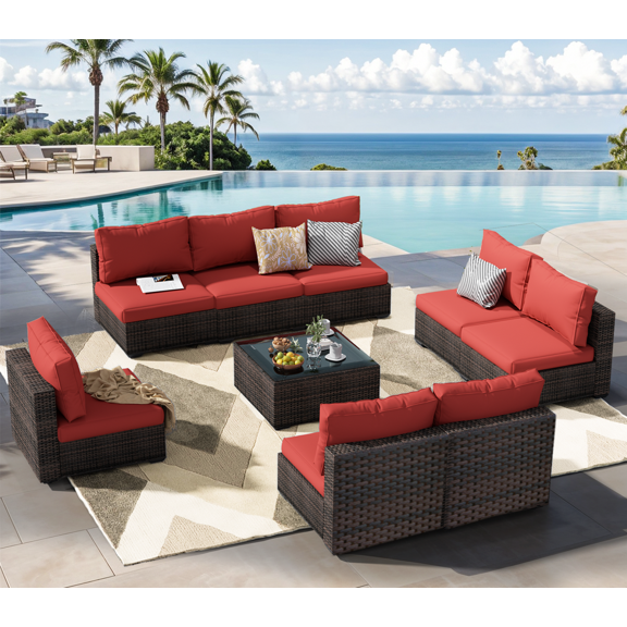 Grezone 9 Pieces Patio Furniture Set, All Weather Outdoor Sectional PE Rattan, Patio Conversation Sets with Cushions and Glass Coffee Table for Garden Lawn Balcony Porch Deck, Red