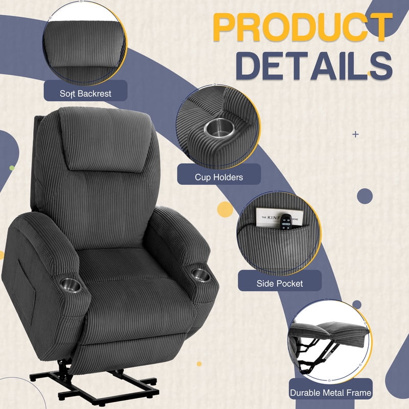 Furmax Electric Power Lift Recliner Soft Corduroy Chair Sofa with with 8 Vibrating Massages Ergonomic Lounge Chair with 2 Cup Holders and Side Pocket,Gray