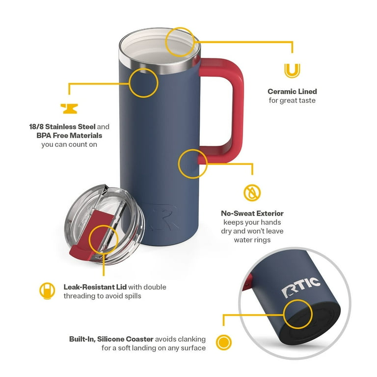 Rtic 20 oz Ceramic Lined Insulated Road Trip Travel Mug, Leak-Resistant Lid, Patriot