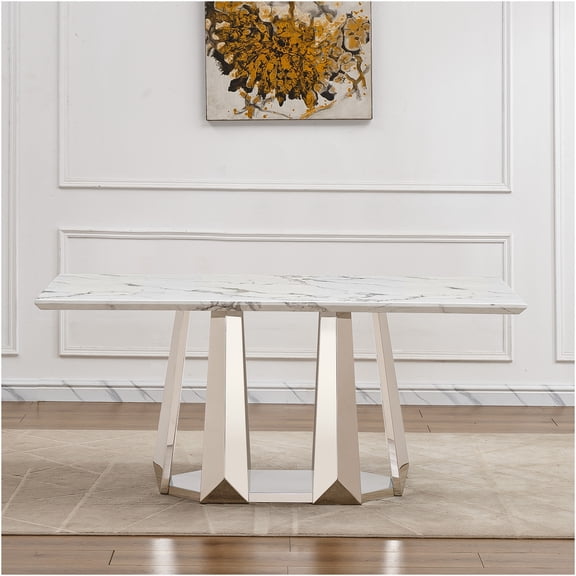 JERFIT 70 Inch Modern Faux Marble Dining Table with Stainless Steel Base, Rectangular Kitchen Table for 6 Seater Dining Room, Silver White Finish