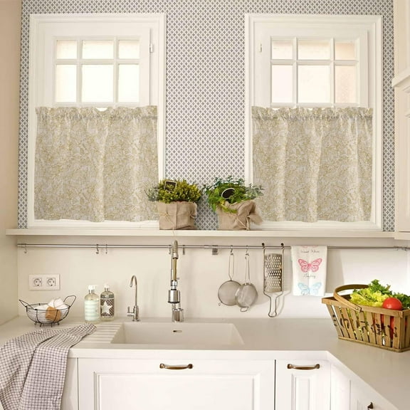 Yellow Botanical Window Tier Curtains 36 Inch Length, Rustic Vintage Floral Leaves Rod Pocket Kitchen Window Treatments Drapes for Bedroom, Cafe, Living Room, 2 Panels, 27.5 W x 36 L