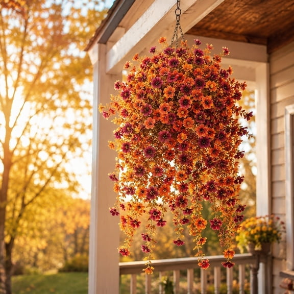 2 Pack Brown Woven Fall Hanging Baskets With Silk Wisteria, Weather Resistant Floral Ornament For Front Porches Patio Railings Exterior Wall Autumn Layout