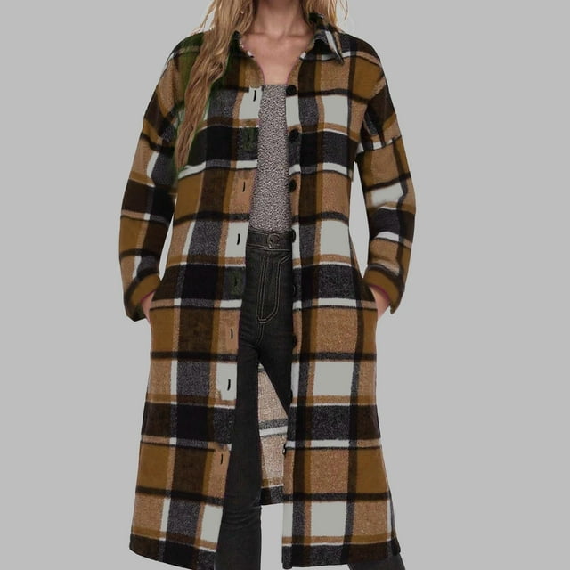 Women's Long Plaid Flannel Shirts Shacket Plus Size Long Sleeve Oversized Button Shirt Fall Spring Trench Coat with Pockets Brown XXL