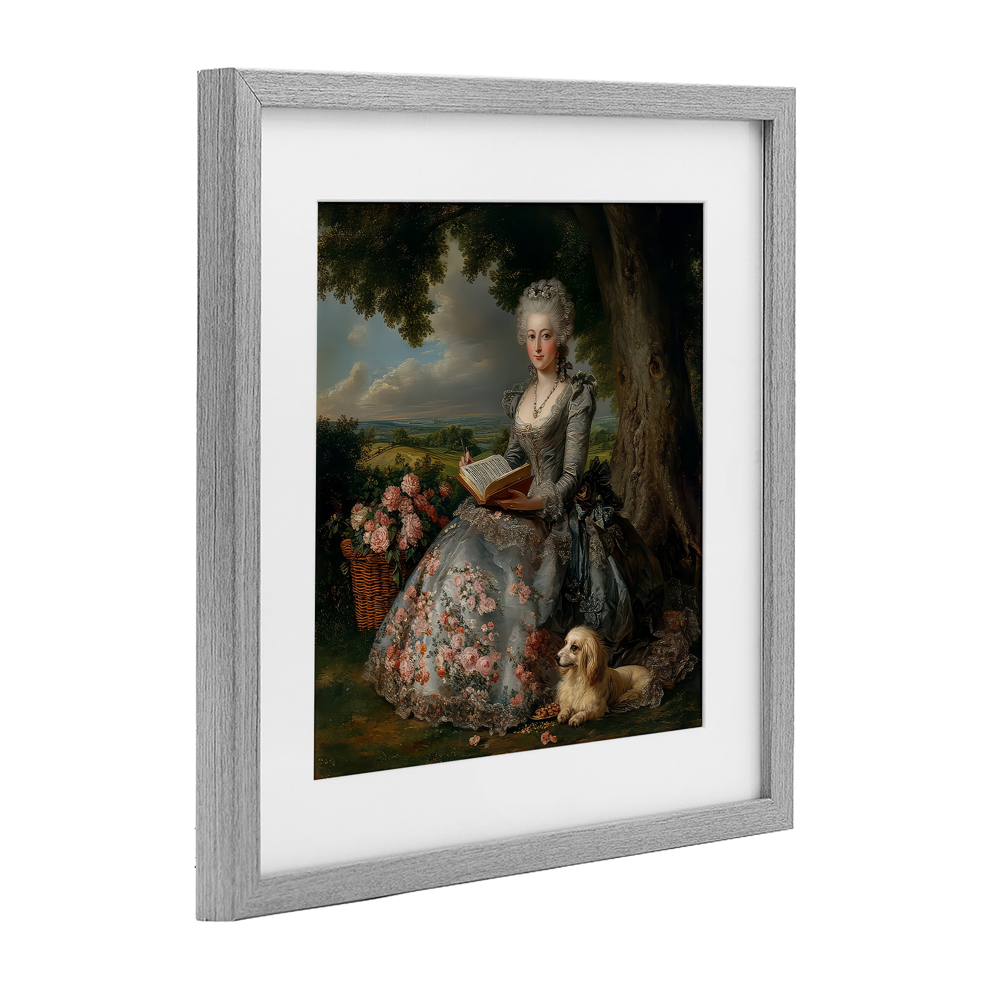 Stupell Industries Reading Rococo Lady with Dog Gray Framed Print Under Glass, design by The Wands Want