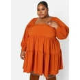 thumbnail image 3 of Rebdolls Women's Plus Puff Sleeve Tiered Mini Shift Dress - Brown, L, 3 of 5
