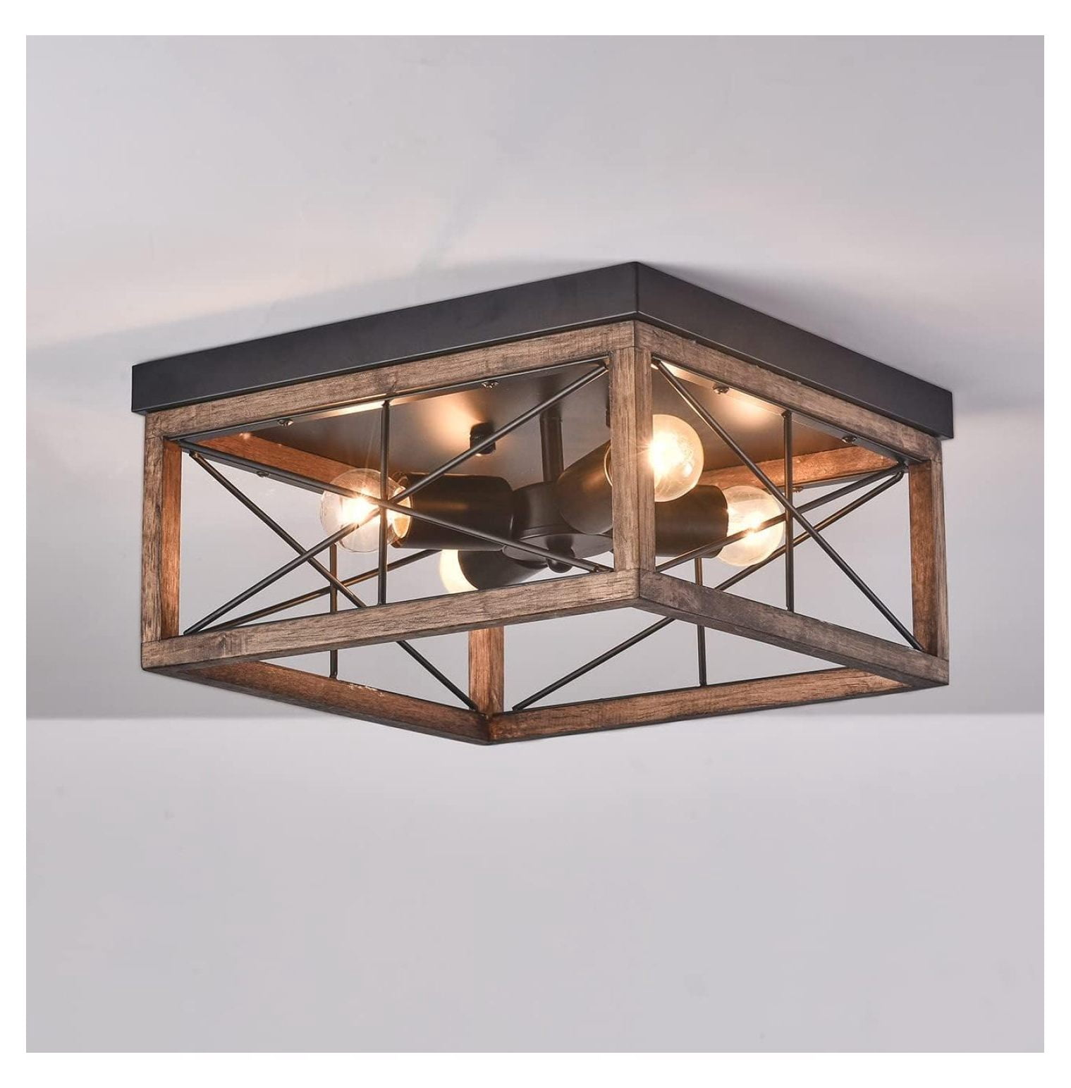 4-Light Rustic Wood Flush Mount Ceiling Light Metal Square Cage Farmhouse Lighting Close to Ceiling Light Fixture Black for Dining Room Bedroom Living Room Kitchen Hallway Entryway Foyer