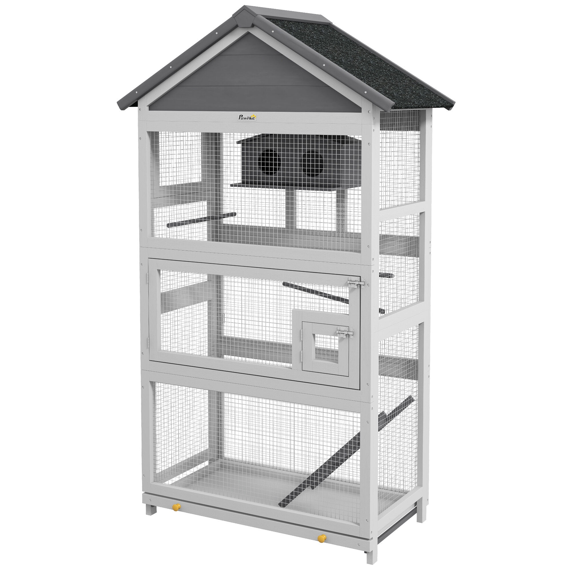 Dog Crate, PawHut Wooden Bird Aviary, 67" Outdoor Bird Cage with Slide-Out Tray, Three Doors, Birdhouse, Ladder, Perches for Finches, Parakeets, Gray, Gray Pet Playpen,Wood Chicken Coop