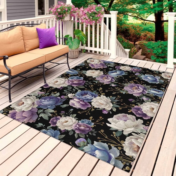 Country Flowers Outdoor Rug 4x6 Ft, Non Slip Washable Area Rug, Botanical Purple Blue Floral Black Patio Rugs Carpet Runner, Large Floor Mat for Indoor/Outdoor Deck Porch Camping