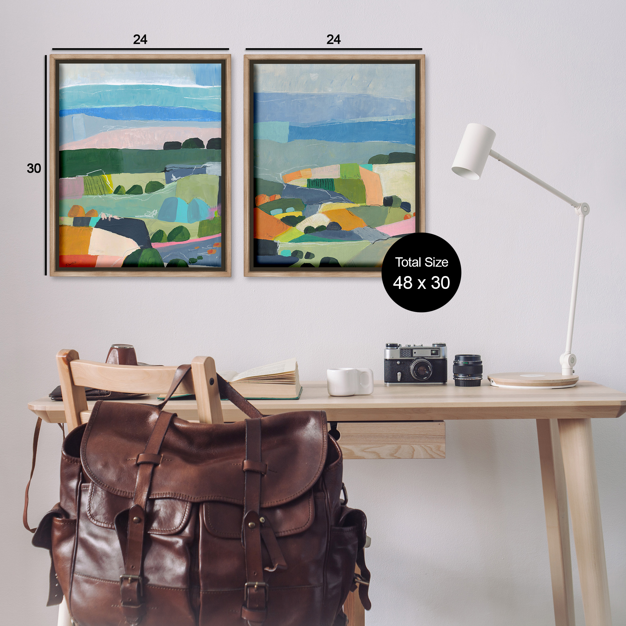 Stupell Industries Modern Farmland & River Landscape Painting Brown Floater Framed Canvas Art Print Wall Art, 25 x 31, Set of 2