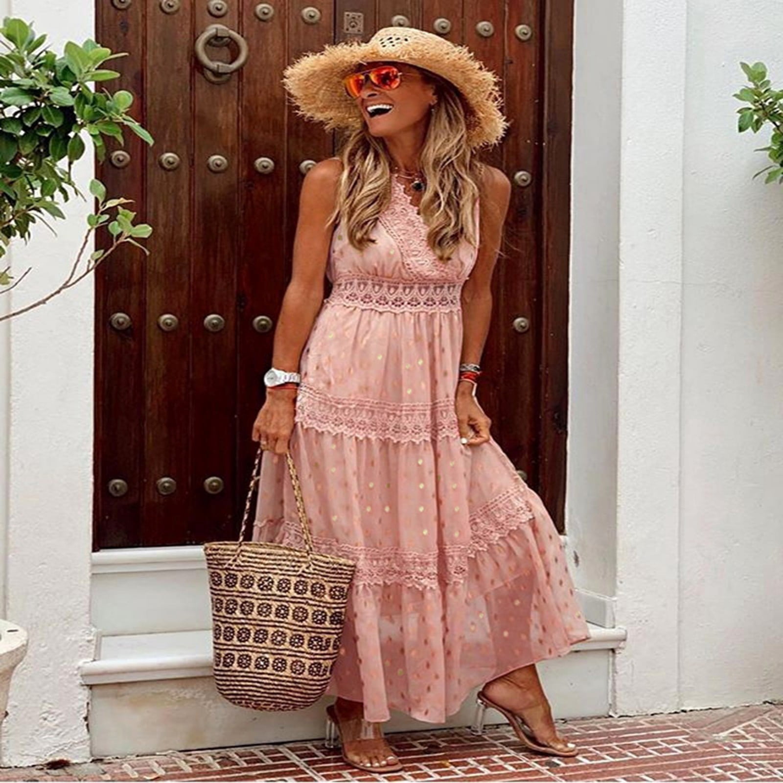 Ierhent Dresses for Women 2031 Casual Women's Plus Size Casual Dresses Short Sleeve Dress with Pockets(Pink,XL)