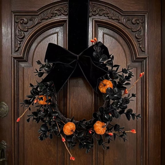 1Pcs Mini Halloween Cabinet Wreath Black Wreath with Bow,Small Hanging Halloween Wreath Crafts Ornament for Front Door Window Decoration Kitchen Cabinet Fireplace Home Decor