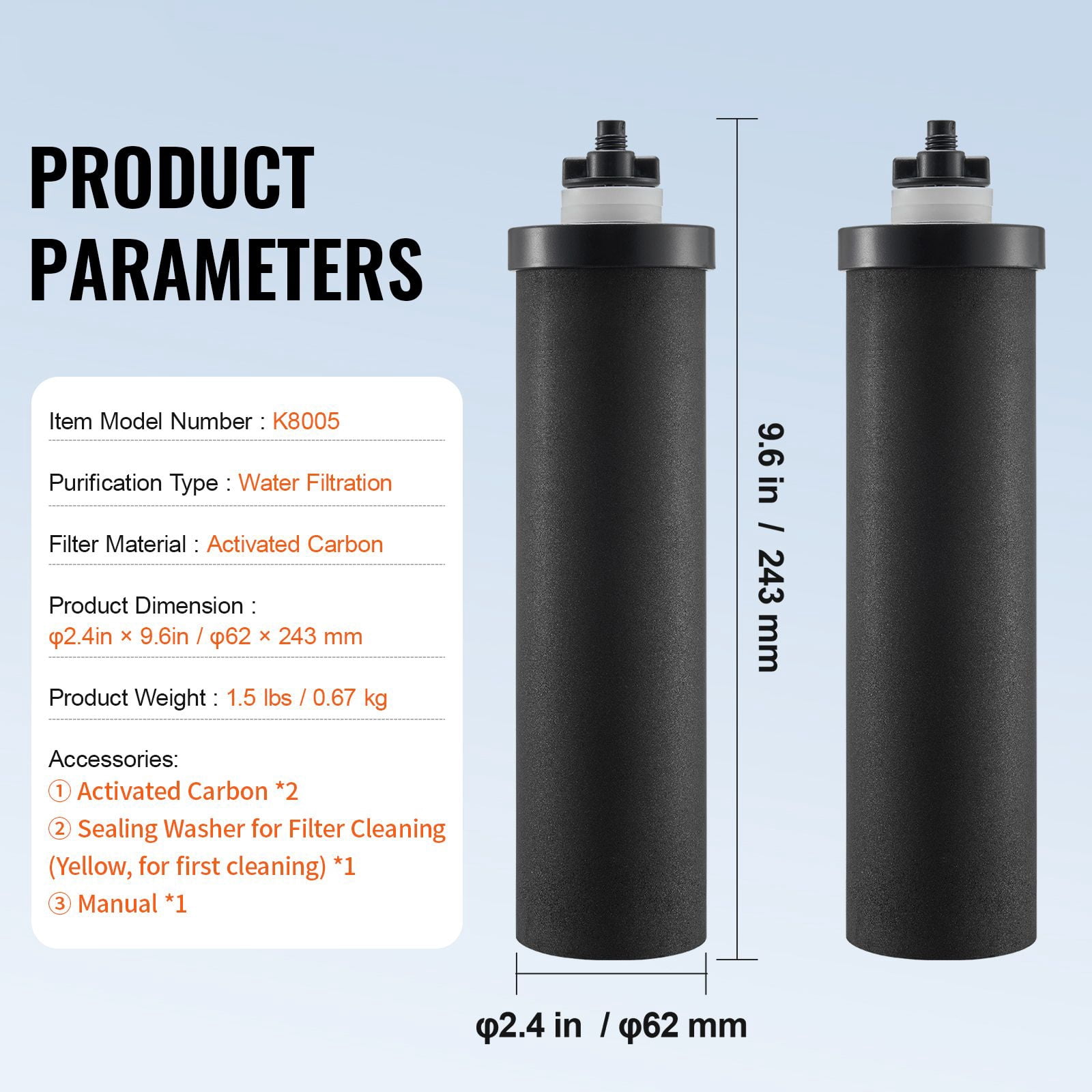 Replacement Gravity Water Filter Cartridges, High-Efficiency Coconut Carbon Block, Removes 99.9% Chlorine and Fluoride, Compatible with Berkey and Most Gravity Systems