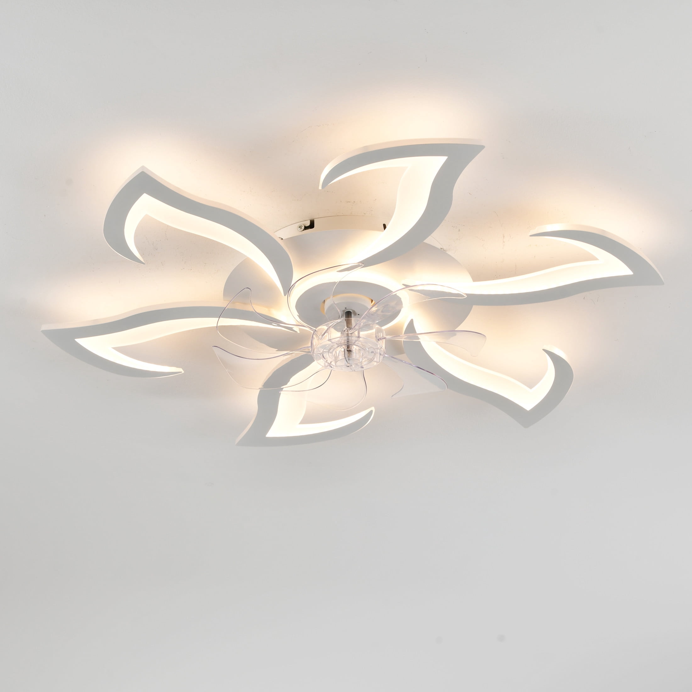 GDF Studio 6-Head Flower Modern Ceiling Fan with LED Lights & Remote Control, Low Profile Flush Mount Fandelier, White