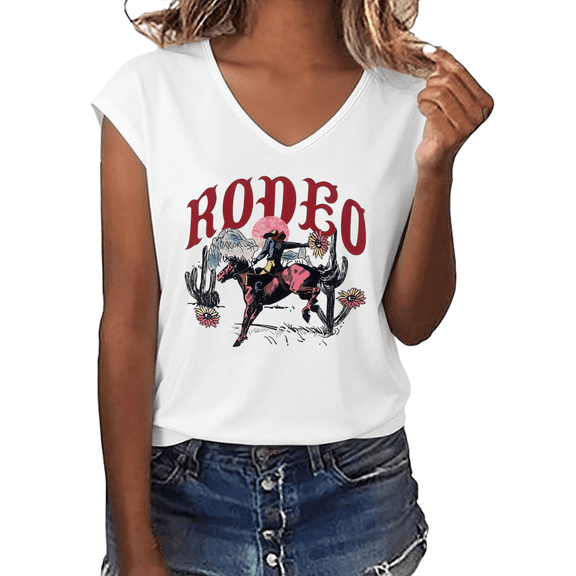 UNISHE Women's Rodeo Western Cowboy Desert Cactus Floral Graphic Casual V-Neck T-Shirt Top