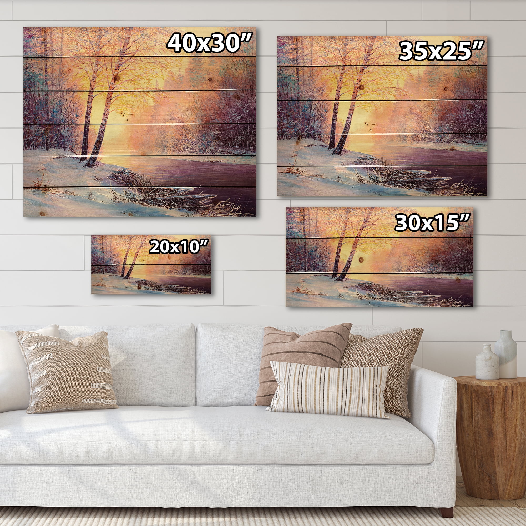 Designart 'Bridge Of Meandering River With Winter Scenery II' Lake House Print on Natural Pine Wood