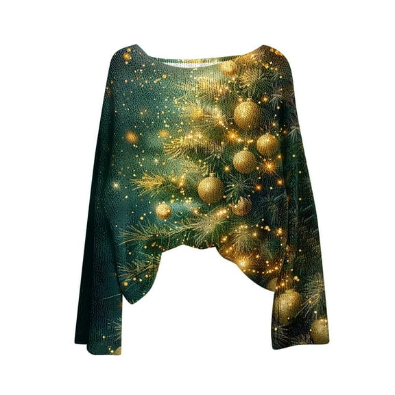 yardsong Long Sleeve Boat Neck Imitation Sweater for Women - Ugly Christmas Wine Red Glass Pattern Holiday Tops Gold,XXL