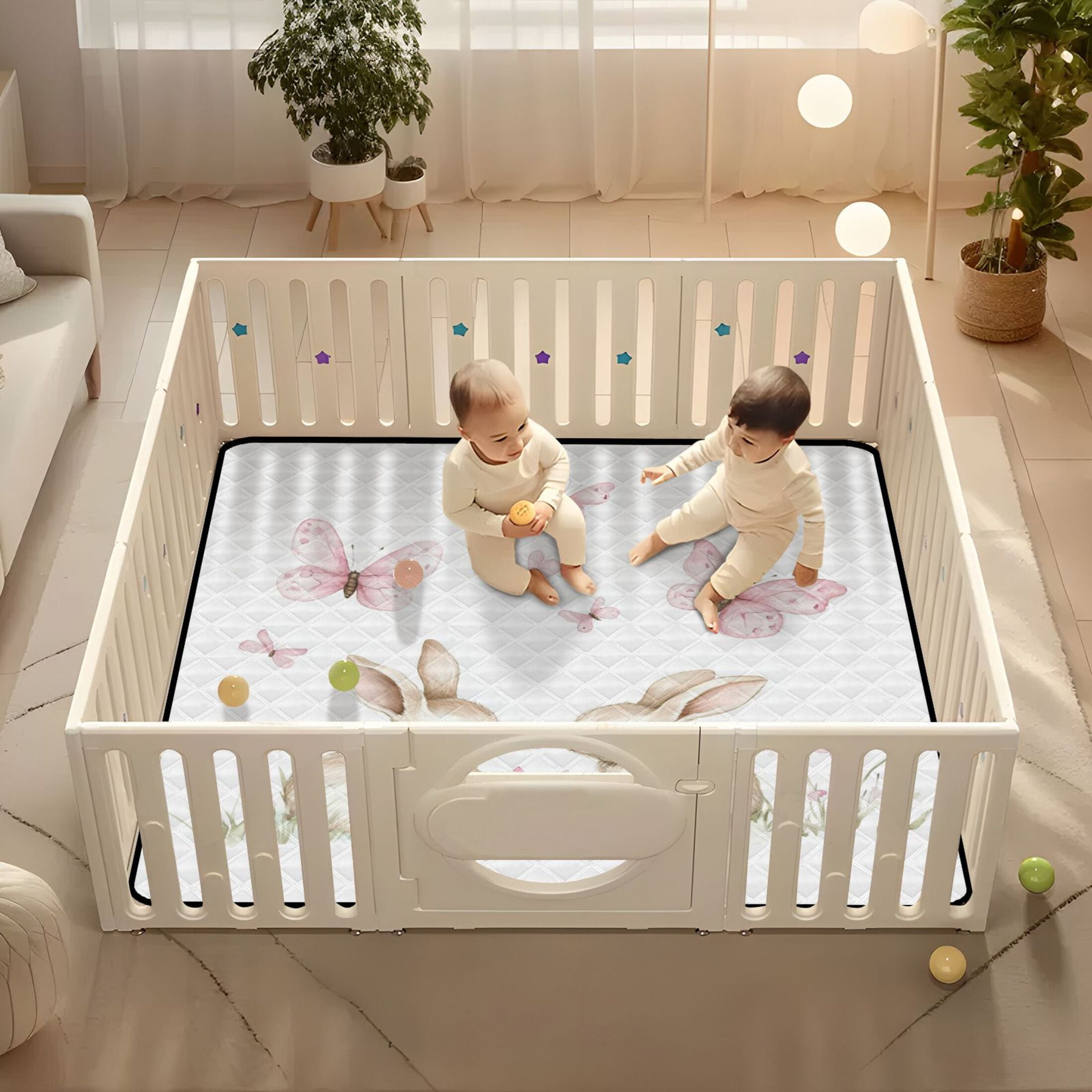 WOBOGO Rabbits Playing with Pink Butterflies Baby Playmats Extra Large Waterproof Rollable Activity Pads for Toddlers 50×50inch