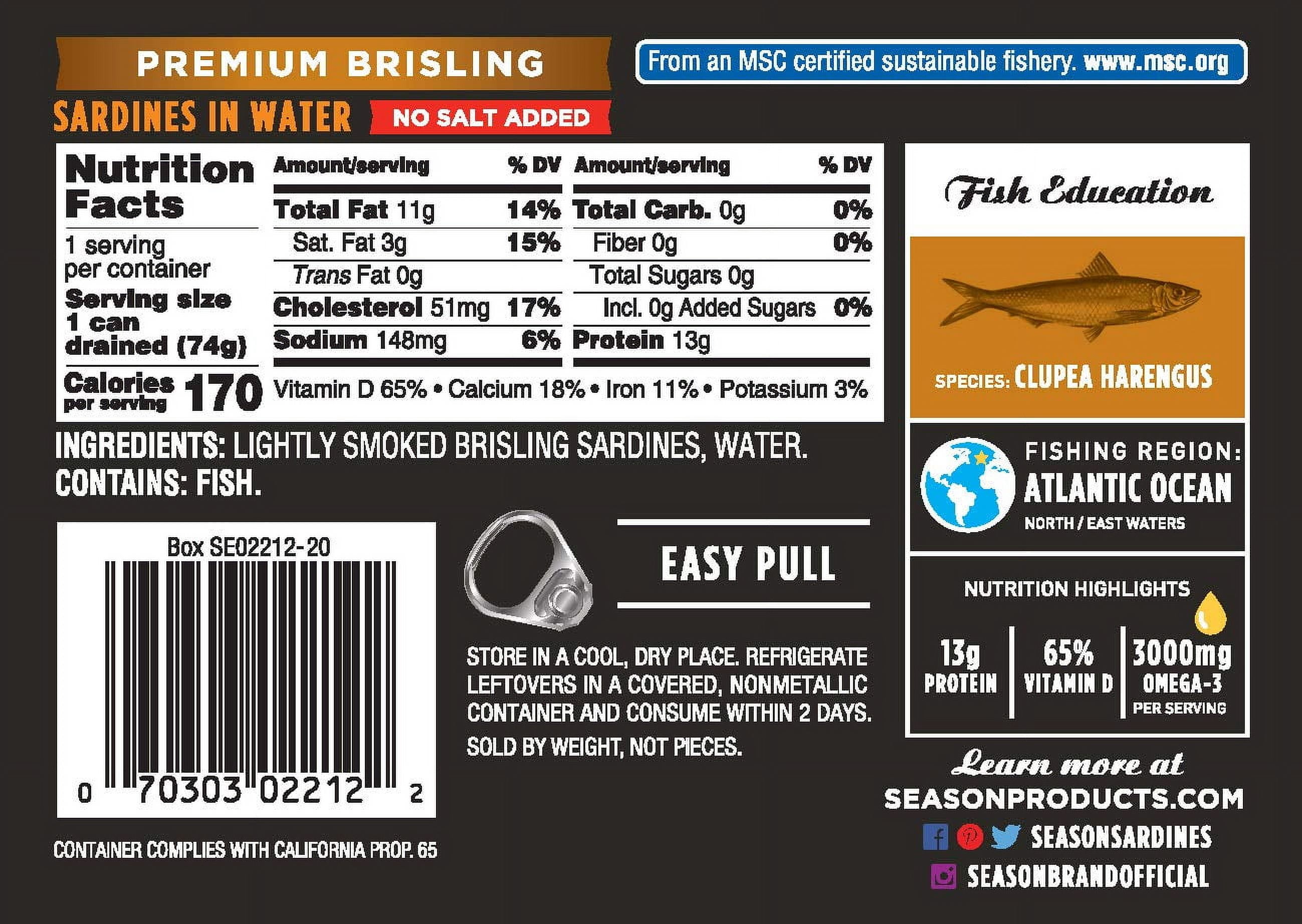 SEASON Wild Caught Brisling Sardines in Water, No Salt Added - 3.75 Oz, 12 Pack