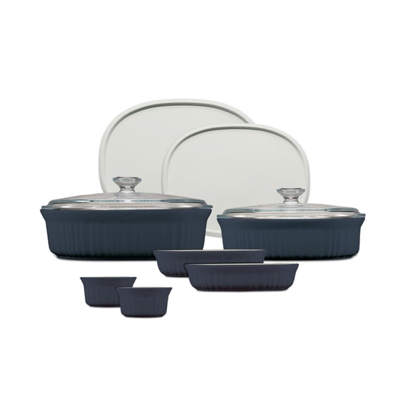 10 - Pc. French Navy Stoneware Bakeware Set with Oven - to - Table Versatility