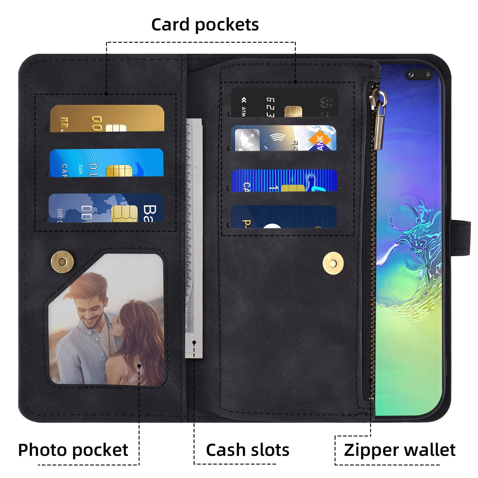Asuwish Phone Case for Samsung Galaxy S10 Plus Wallet Cover With Tempered Glass Screen Protector Crossbody Wrist Strap Flip Pattern Zipper Card Holder Cell S10+ S10plus 10S Edge S 10 10plus Men Black